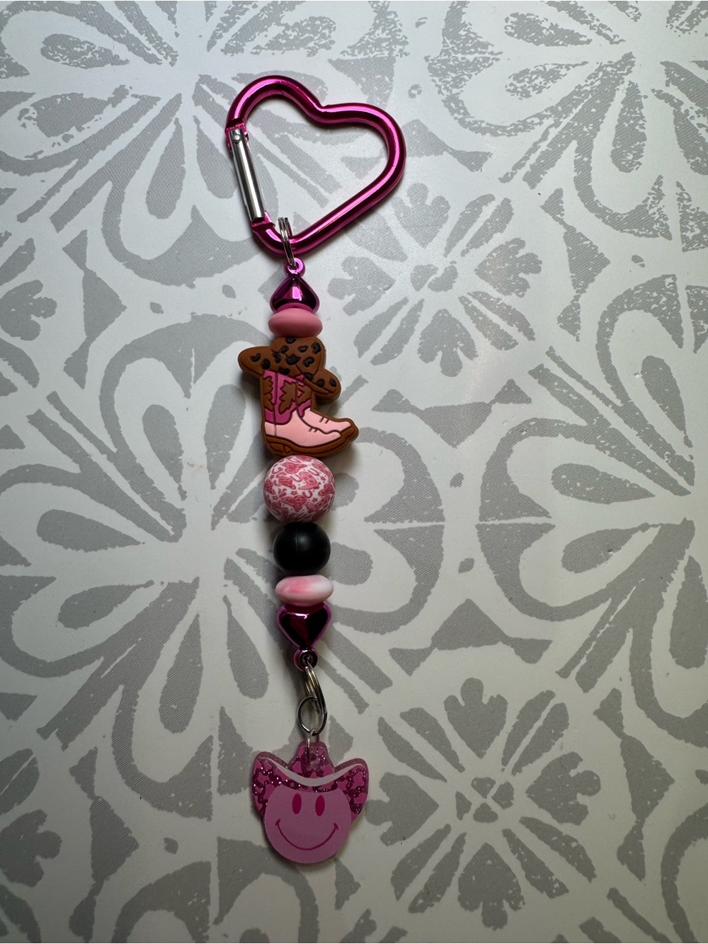 Pink Heart Carabiner Keychain with Western Boot & Smiley Charm